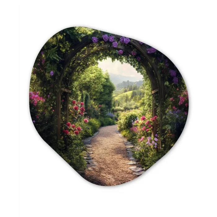 Doorkijk - Landschap - Bloemen - Tuinboog - Natuur Wandcirkel Organisch Plexiglas middel -3d