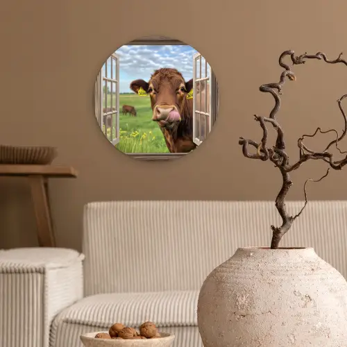 Doorkijk - Koe - Weiland - Landschap - Dieren Wandcirkel plexiglas klein -sfeer1