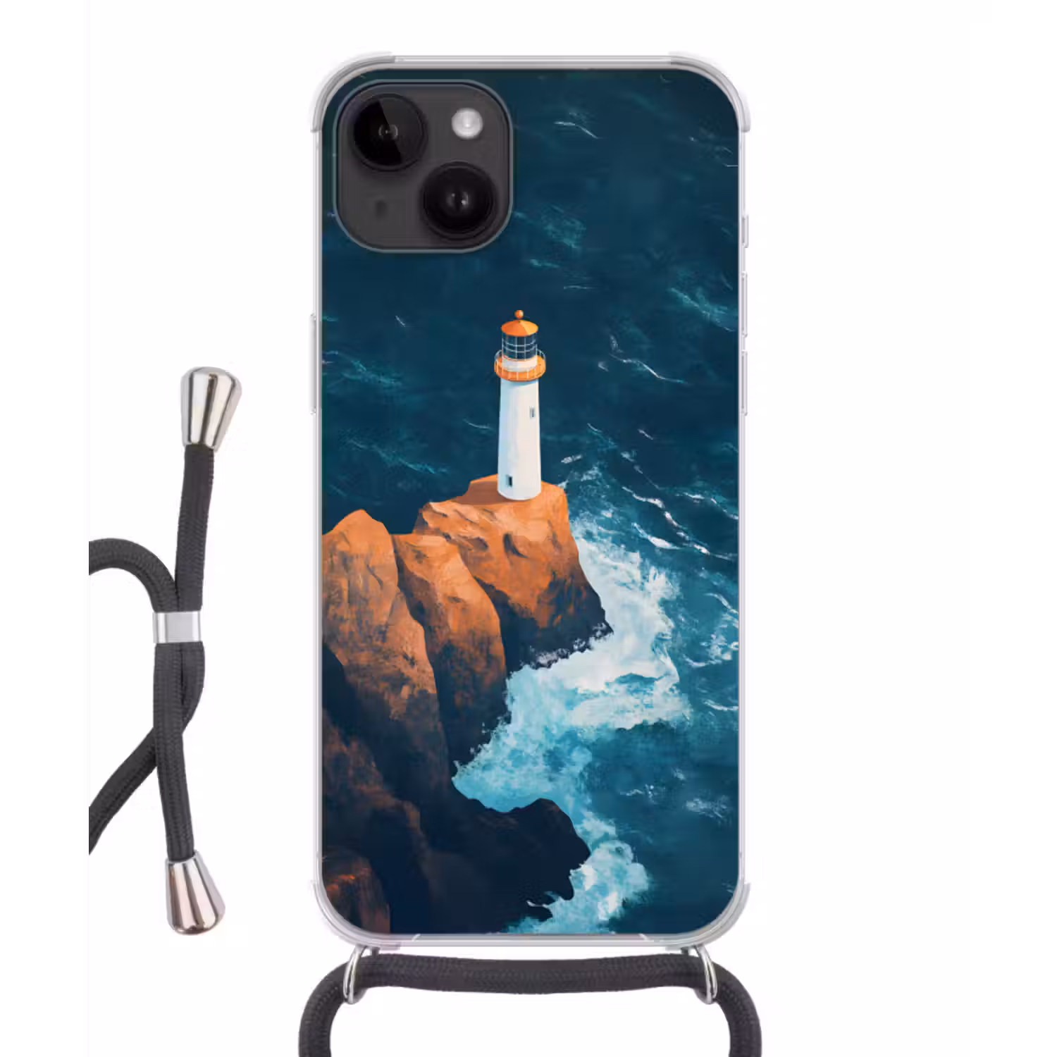 Telefoonhoesje crossbody - Vuurtoren - Rots - Zee - Golven