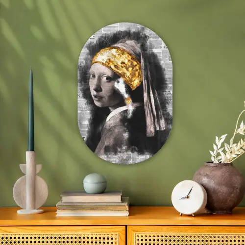 Meisje met de parel - Johannes Vermeer - Krant - Goud Wandcirkel Ovaal Forex klein -sfeer2
