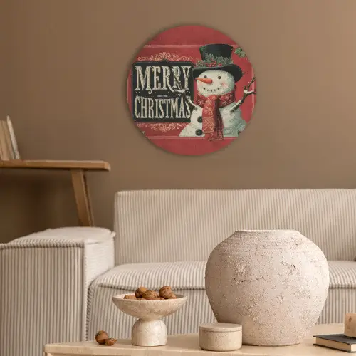 Klassiek - Kerstgroet - Sneeuwpop - Rood Akoestische PET Vilt - Rond klein -sfeer1