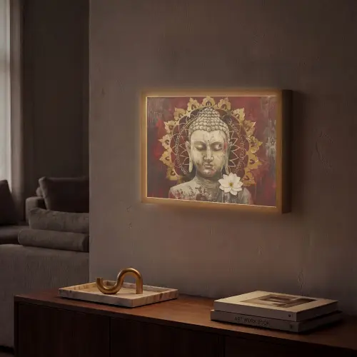 Boeddha - Mandala - Bloem - Rood - Goud - Zen Light Box met batterij (Wandlamp) middel -sfeer1
