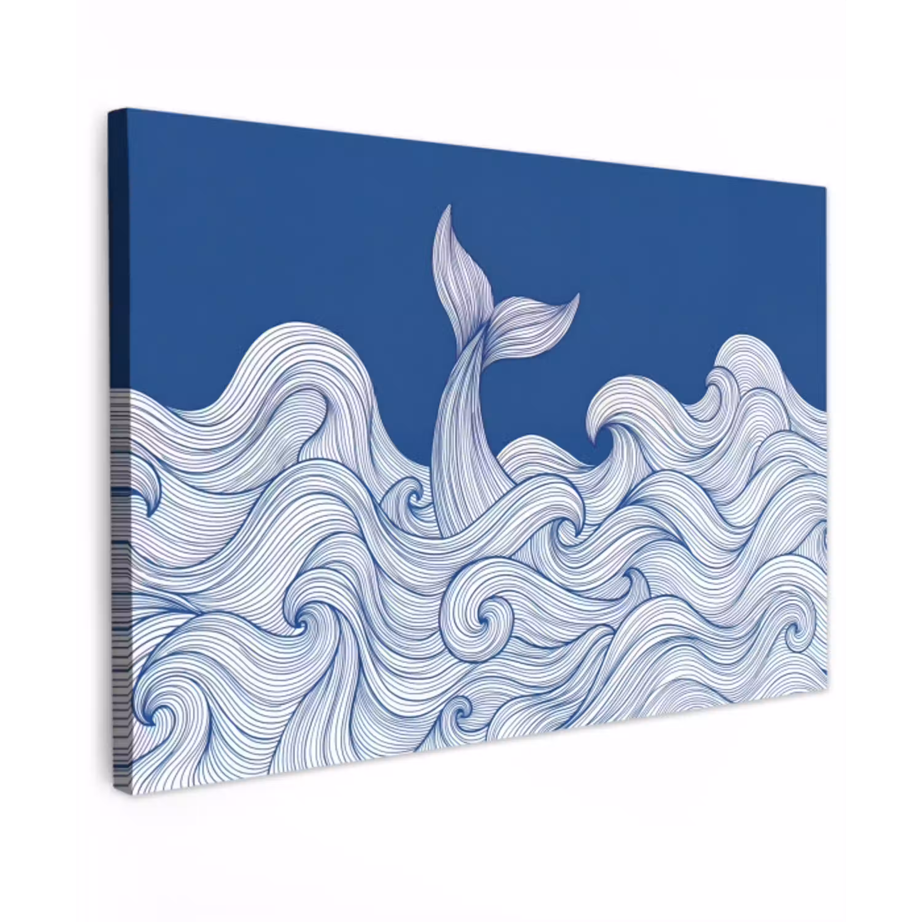 Walvis - Staart - Golven - Lijntekening - Blauw canvas 2cm klein -z3d