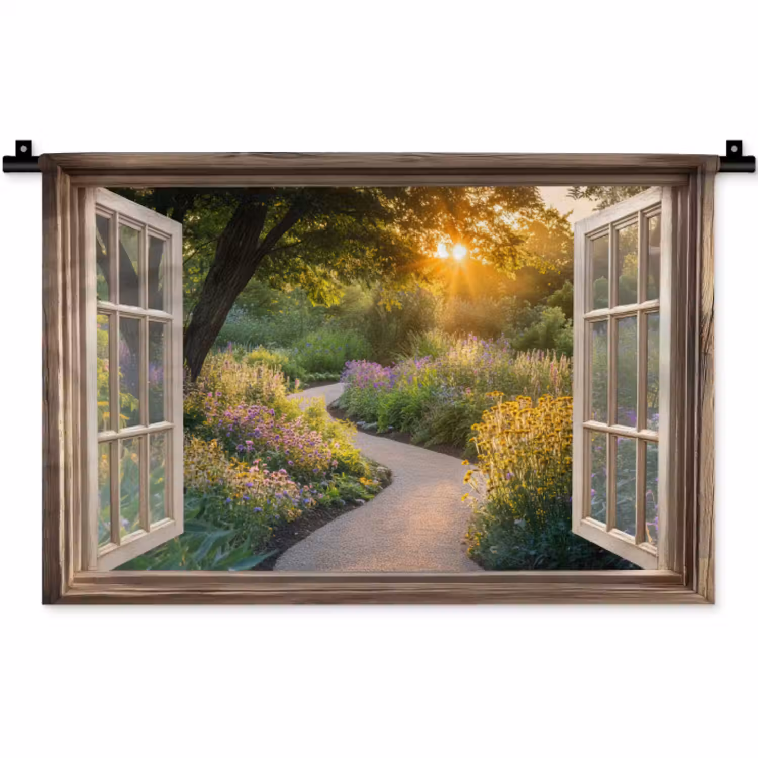 Wandkleed - Doorkijk - Bloemen - Natuur - Zon - Pad