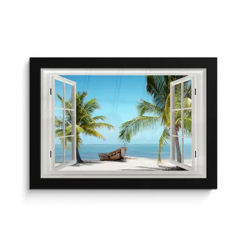 Doorkijk - Strand - Palmboom - Boot - Tropisch - Zee - Blauw fotolijst zwart zonder passe partout klein -3d