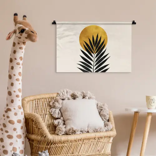 Zwart palmblad - Gouden cirkel - Beige achtergrond Wandkleed katoen klein -wsfeer5_kind