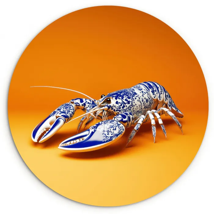 Kreeft - Delftsblauw - Schild - Stoer - Oranje Wandcirkel kunststof plaat 5mm dik klein -3d
