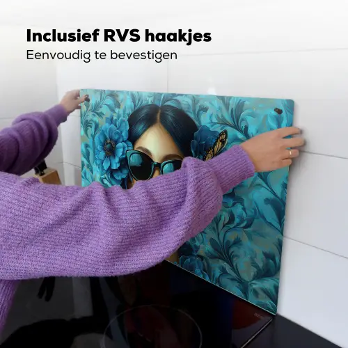 Vrouw - Bloemen - Vlinders - Blauw - Abstract Inductie beschemer met haakjes klein -ky-ophangen-nl