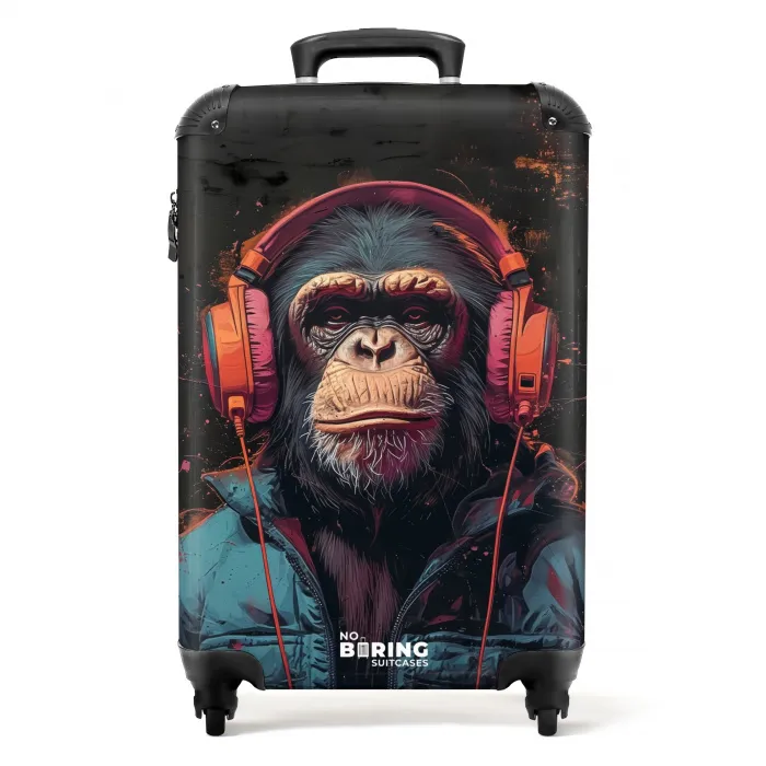Chimpansee met koptelefoon en blauwe jas NBS - Handbagage koffer - Kinderen Unisex middel -productfoto_recht
