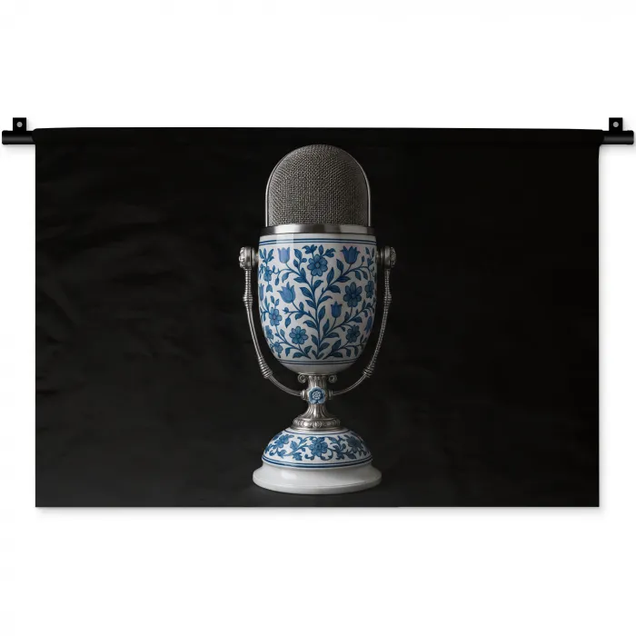 Microfoon - Delfts blauw - Muziek Wandkleed katoen klein -zz3d