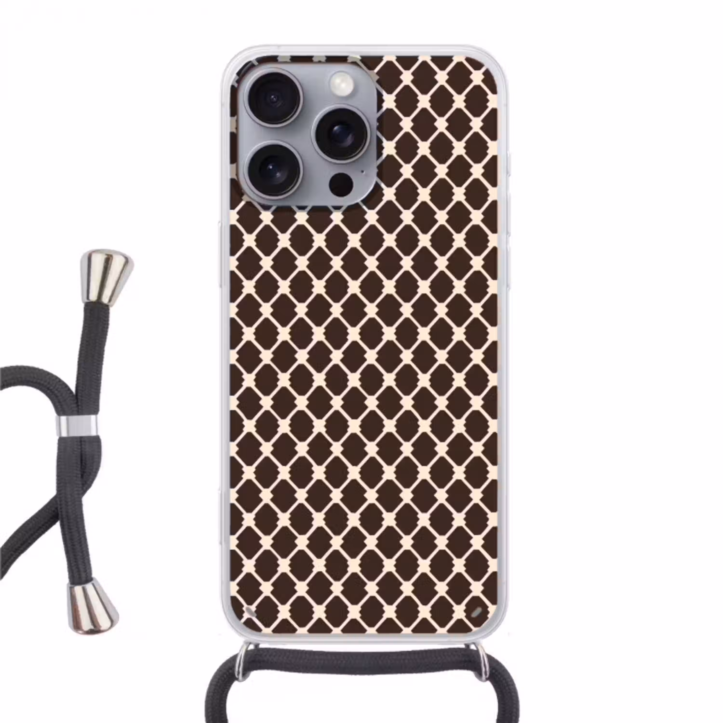 Bruin - Ruitpatroon - Geometrisch Hoesje iPhone 16 Pro Max met koord klein 804 -3d