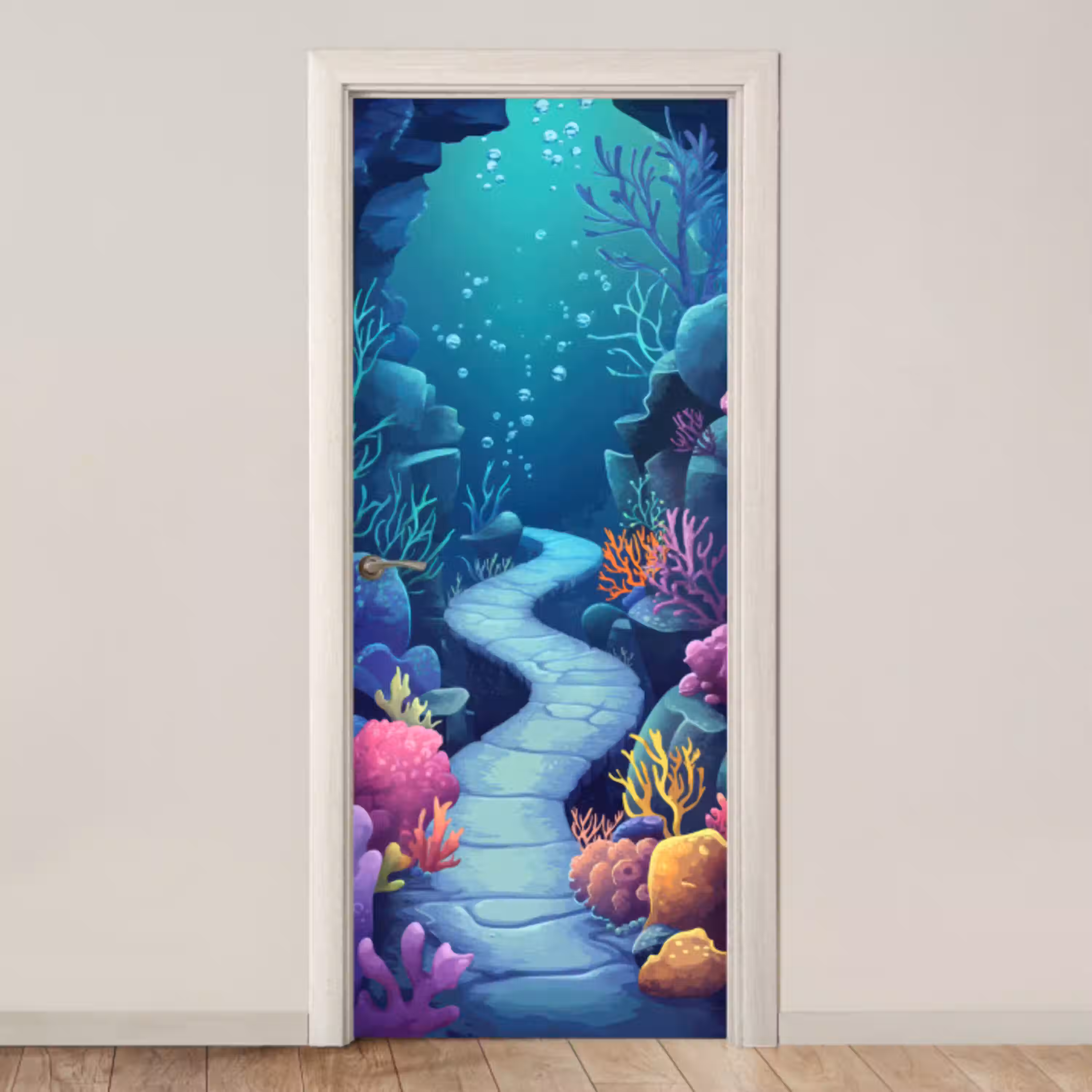 Onderwaterwereld - Grot - Zee - Blauw - Zeewier deurposter klein -3d_beige