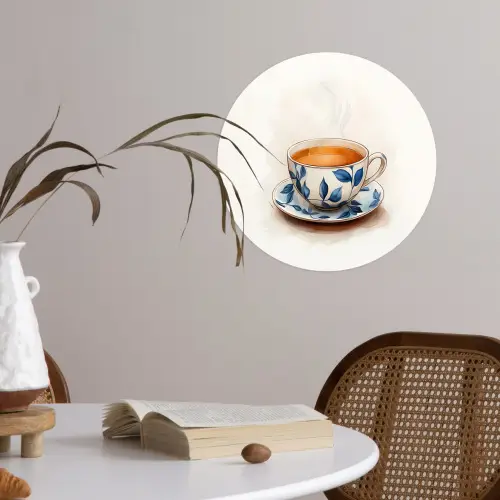 Theekop - Bladeren - Blauw Wandcirkel behangsticker klein -sfeer3