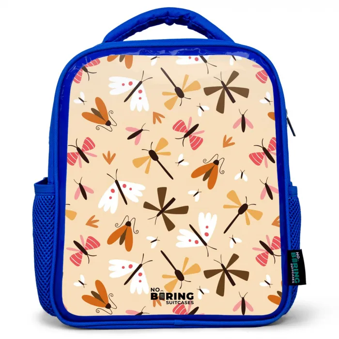 Insectenpatroon in bruin, roze en oranje op beige achtergrond Kinderrugzak - Blauw middel -3d