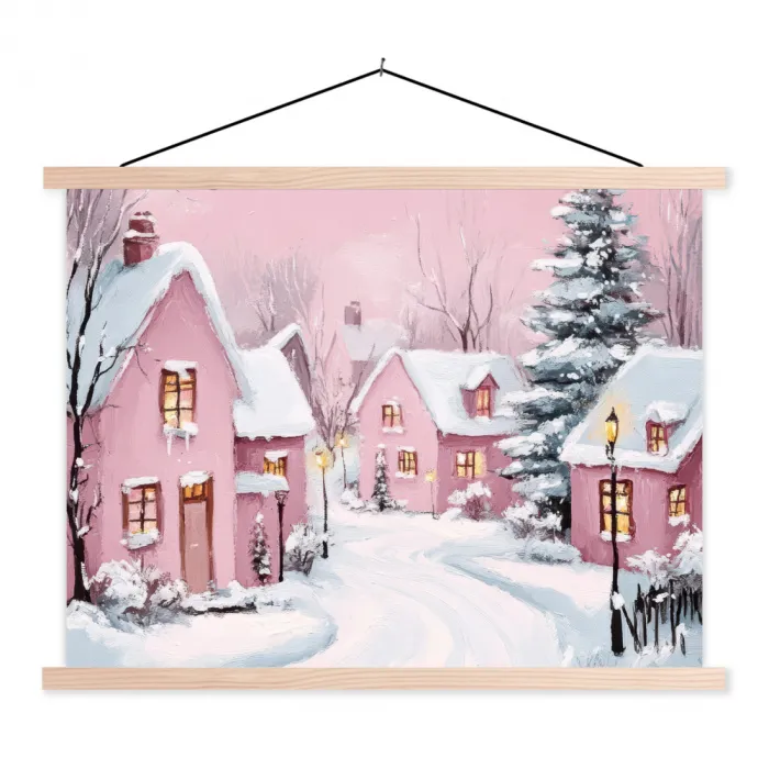 Kerstdorp - Roze - Winter - Sneeuw - Huizen textielposter latten blank klein -3d