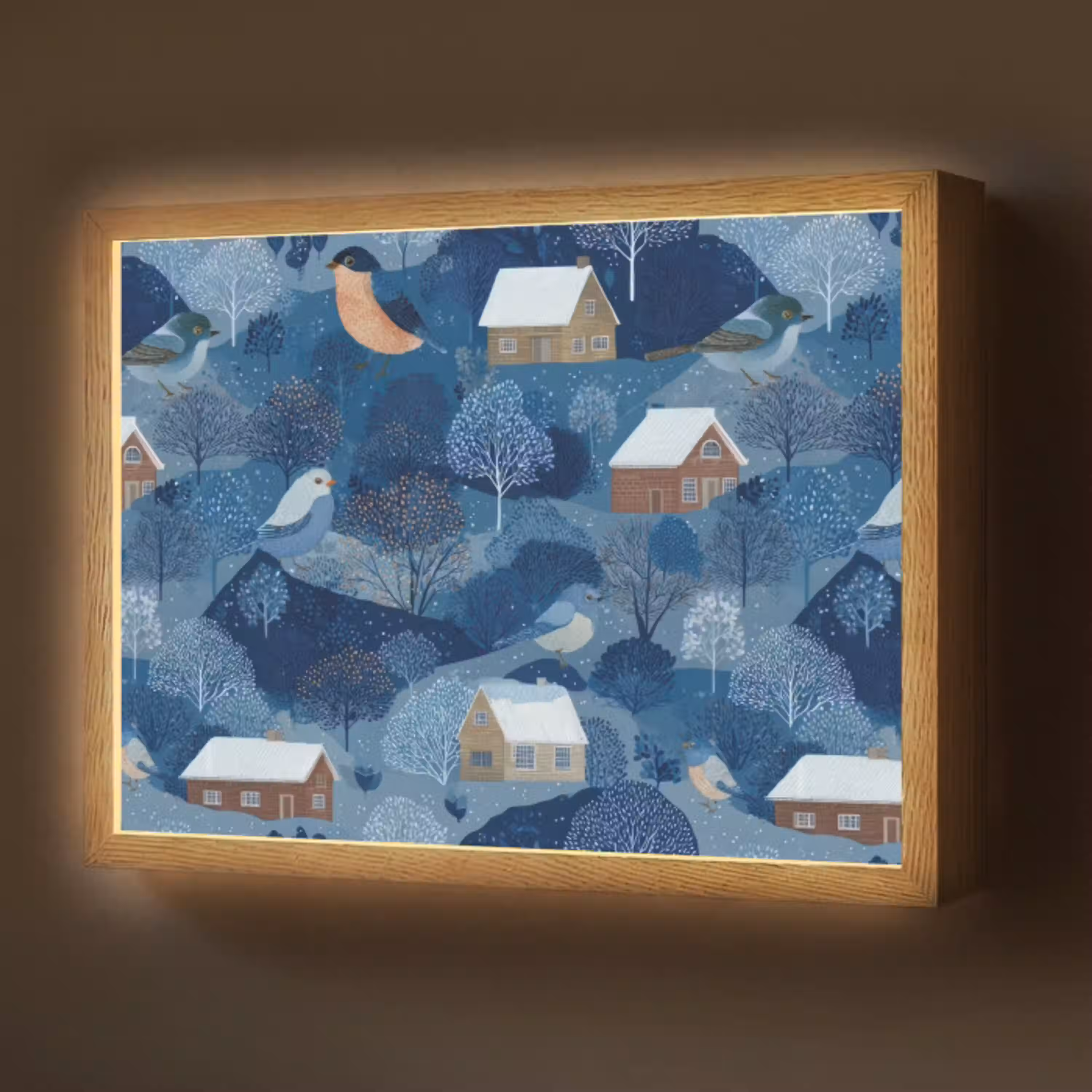 Huisjes - Vogels - Sneeuw - Winter - Blauw Light Box met batterij (Wandlamp) middel 907 -z3d_website