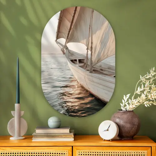 Zeilboot - Zee - Beige - Zon Wandcirkel Ovaal Glas middel -sfeer2