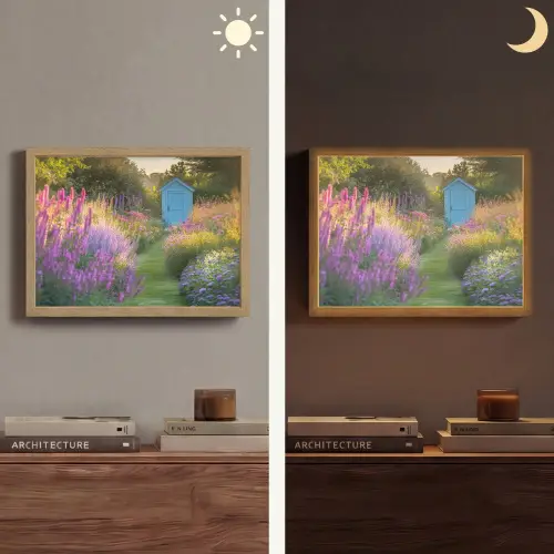 Tuinhuisje - Blauw - Bloemen Light Box met batterij (Wandlamp) middel -sfeer3