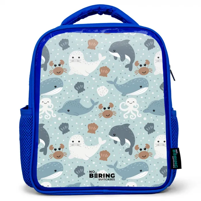 Zeedierenpatroon met dolfijnen, zeehonden en krabben Kinderrugzak - Blauw middel -3d