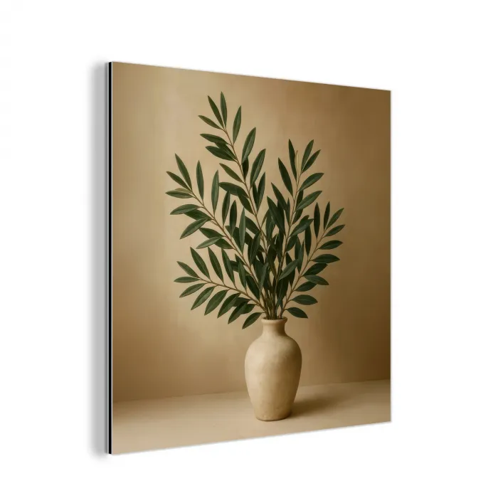 Vaas - Olijftakken - Bladeren - Beige aluminium wit klein -3d