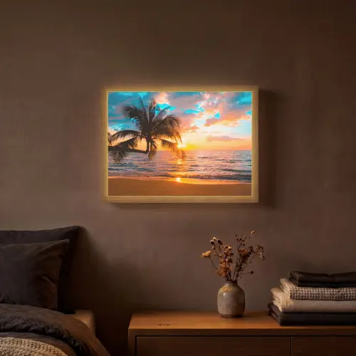 Palm - Zonsondergang - Horizon - Strand - Zee - Tropisch Light Box met batterij (Wandlamp) middel -sfeer4