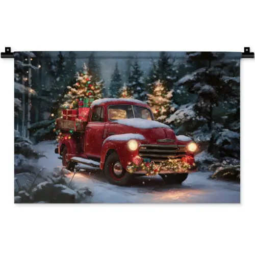 Kersttruck - Sneeuwbos - Rood Wandkleed katoen klein -zz3d