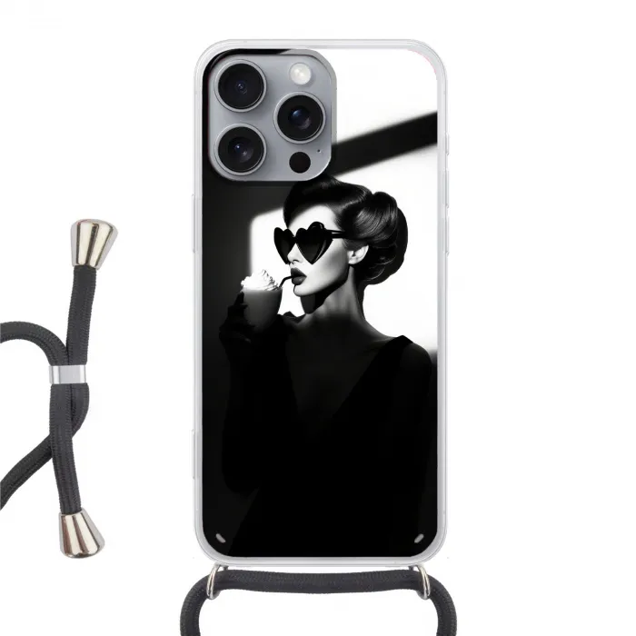 Vrouw - Zwart - Hart Hoesje iPhone 16 Pro Max met koord klein -3d