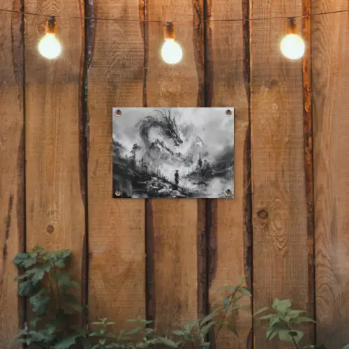 Krijger - Draak - Grijs tuinposter los doek klein -sfeer1