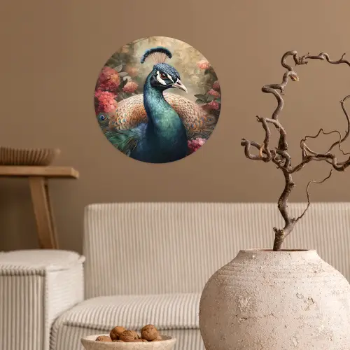 Pauw - Vogel - Bloemen - Planten - Pauwenveren Wandcirkel behangsticker klein -sfeer1
