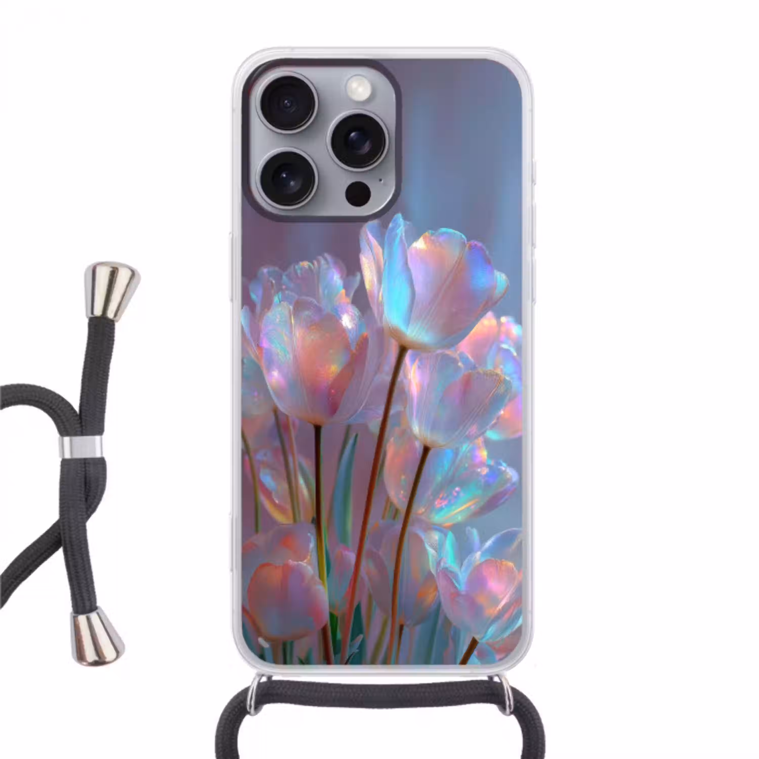 Tulpen - Glazen - Bloemblaadjes - Pasteltinten Hoesje iPhone 16 Pro Max met koord klein -3d