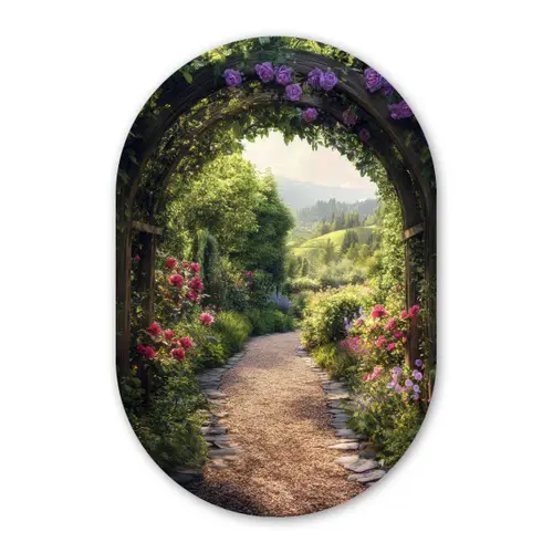 Doorkijk - Landschap - Bloemen - Tuinboog - Natuur Wandcirkel Ovaal Glas middel -3d