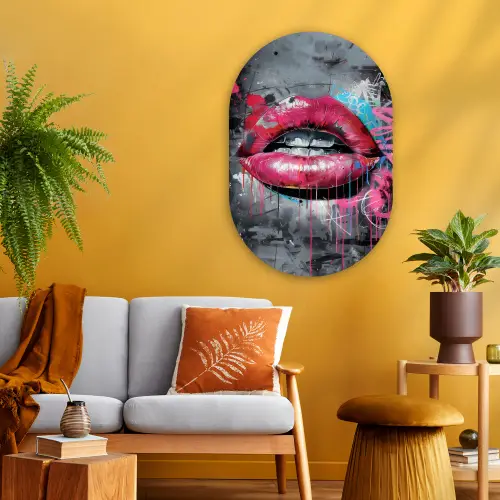 Lippen - Felroze - Graffiti - Verfstrepen Wandcirkel Ovaal Glas middel -sfeer4