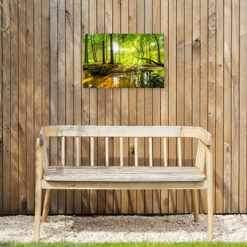Zonnestralen in een groen bos Tuinposter op houten frame 2 cm dik klein -sfeer4