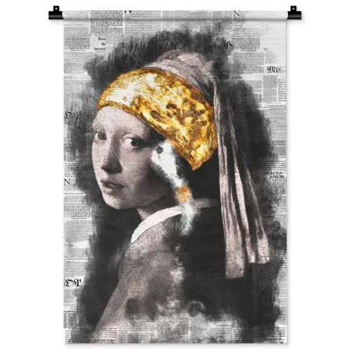 Meisje met de parel - Johannes Vermeer - Krant - Goud Wandkleed katoen klein -zz3d