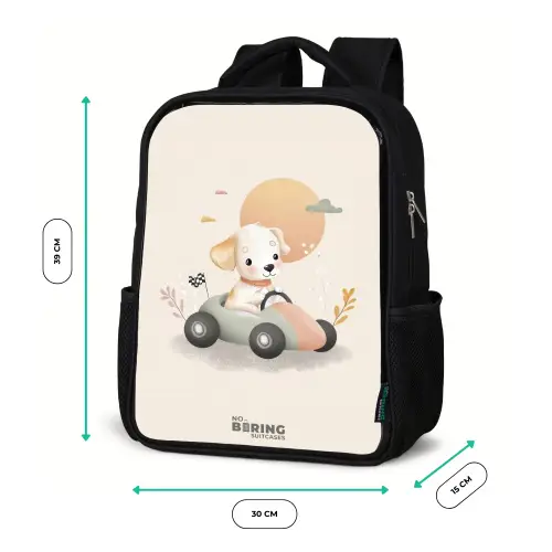 Puppy in een raceauto in beige kleuren Rugzak - Zwart middel -productfoto_formaten