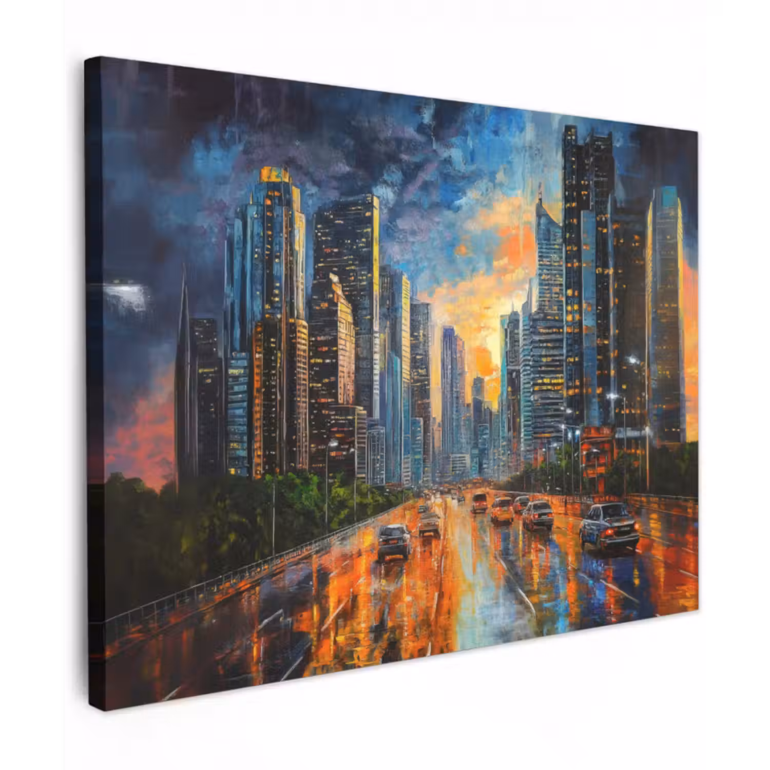 Leinwandbild - Auto - Skyline - Sonne - Blau
