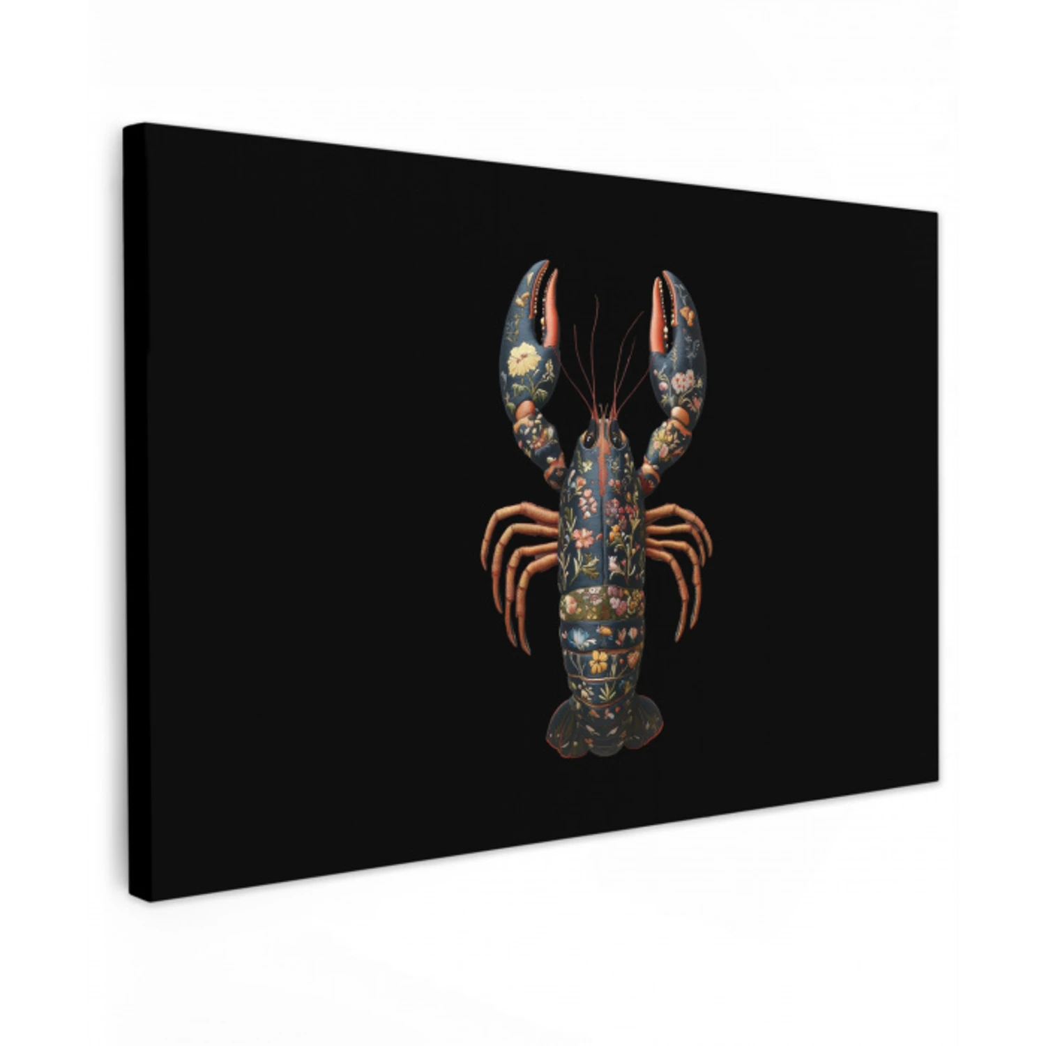 Kreeft - Zwart - Bloemenpatroon - Artistiek Tuinposter op houten frame 2 cm dik klein -3d