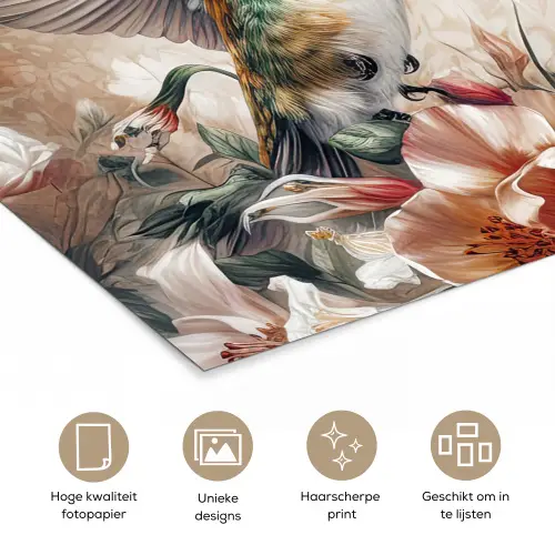 Kolibrie - Vogels - Bloemen - Natuur poster papier klein -closeup_NL