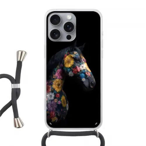 Paard - Bloemen - Zwart Hoesje iPhone 16 Pro Max met koord klein -3d