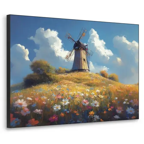 Windmolen - Heuvel - Bloemen - Kleurrijk Textielframe - compleet frame klein -3d