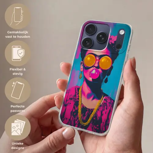 Vrouw - Kauwgom - Zonnebril - Oranje Telefoonhoesje iPhone 17 Pro klein -sfeer3_NL