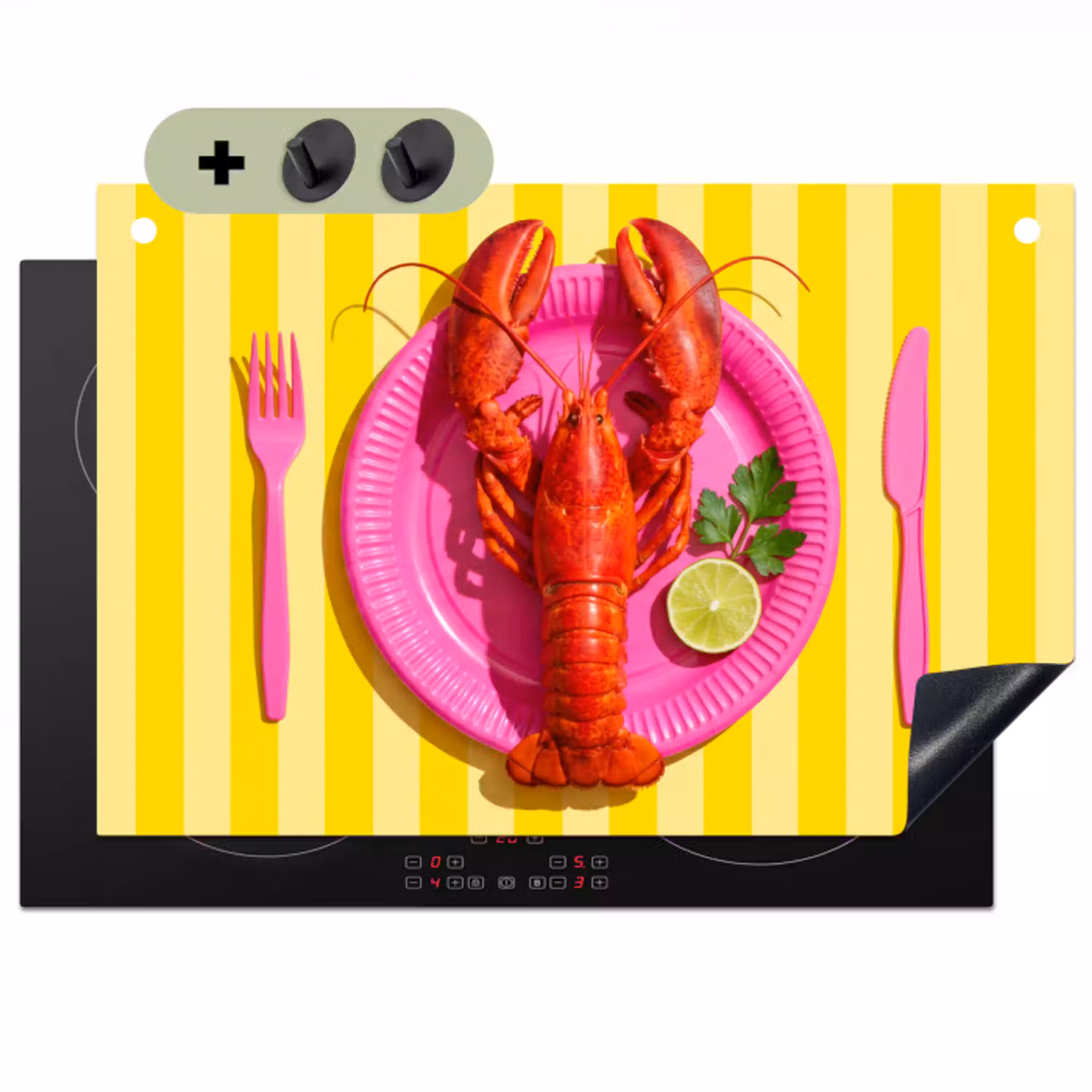 Eten - Roze - Geel - Modern - Culinaire Inductie beschemer met haakjes klein -3d