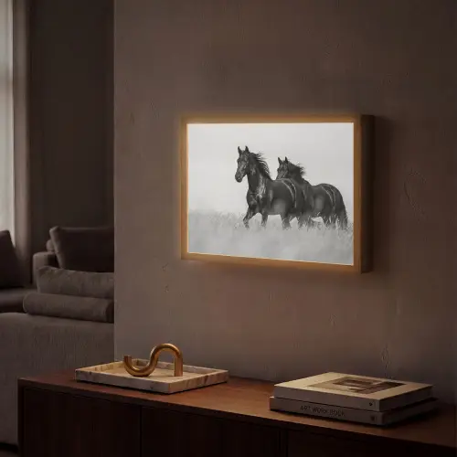 Paarden - Gras - Zwart - Wit Light Box met batterij (Wandlamp) middel -sfeer1
