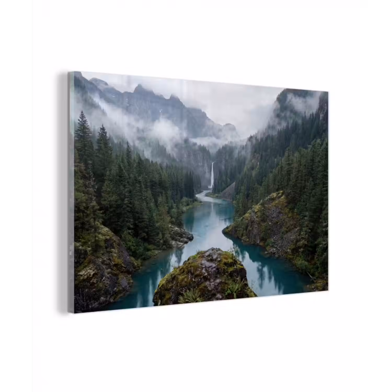 Glasbild - Wasserfall - Bäume - Berge