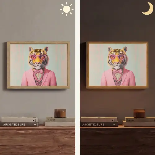 Tijger - Strik - Jasje - Roze Light Box met batterij (Wandlamp) middel -sfeer3