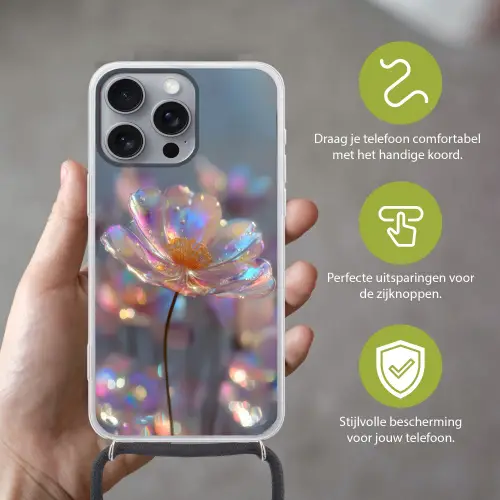 Bloem - Transparant - Pastelkleuren - Druppels Hoesje iPhone 16 Pro Max met koord klein -sfeer2_NL