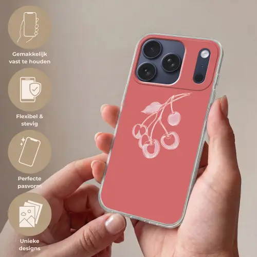 Lijnillustratie - Kersen - Tak - Wit Telefoonhoesje iPhone 17 Pro klein -sfeer3_NL