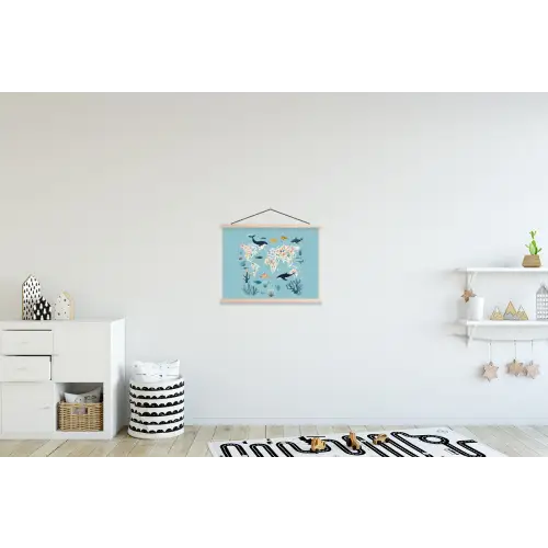 Wereldkaart - Zeeleven - Blauw textielposter latten blank klein -kinderkamer