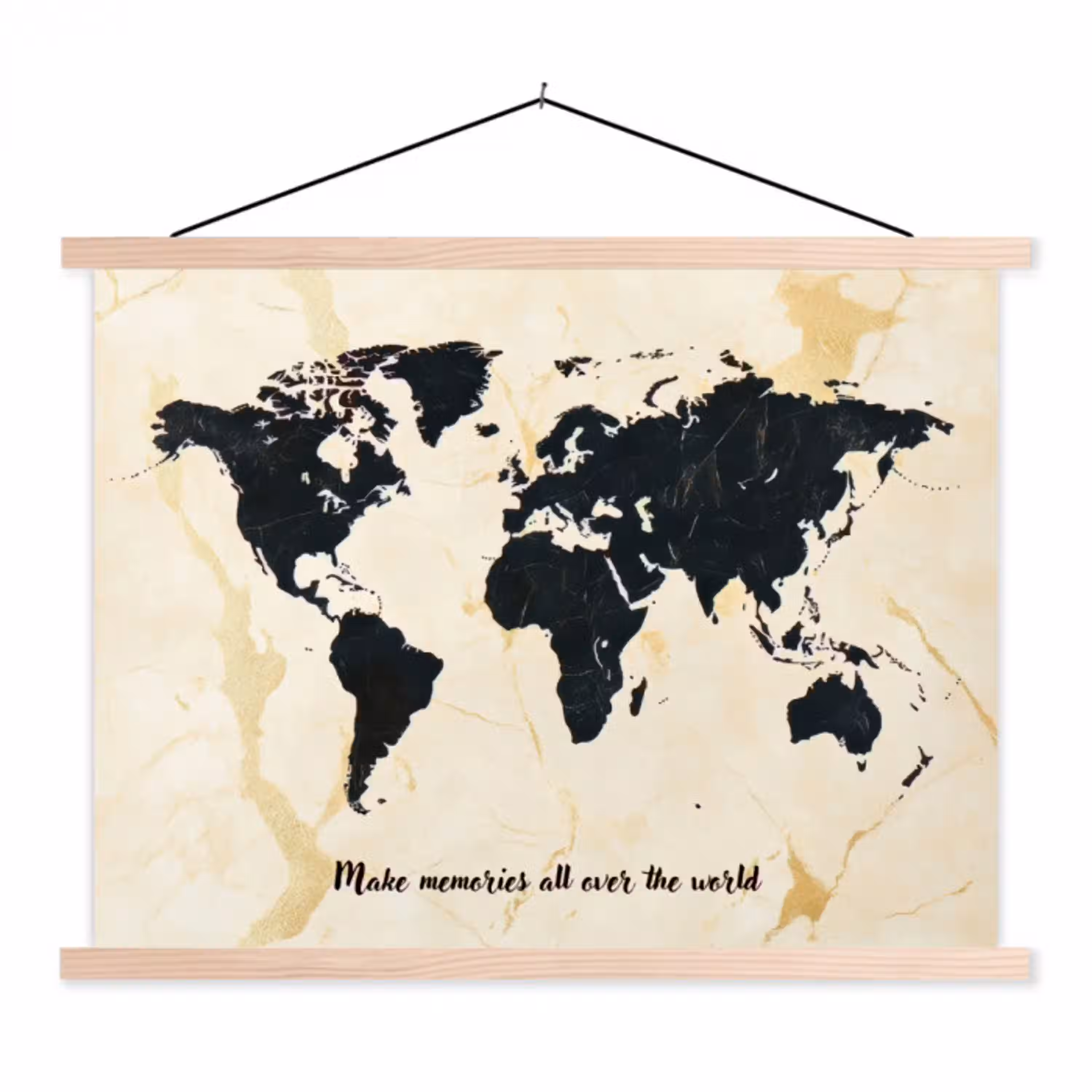 Marmer - Wereldkaart - Goud - Zwart textielposter latten blank klein -3d