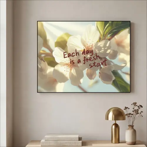 Bloesems - Zonlicht - Quote - Wit Textielframe zwart klein -sfeer2